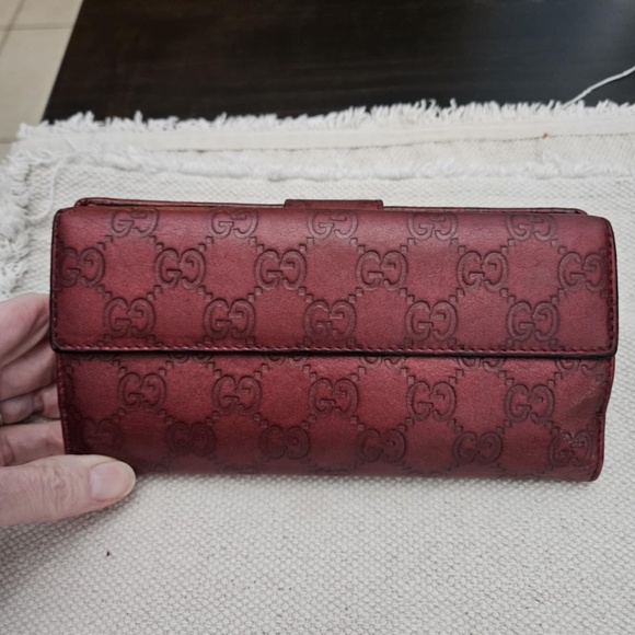 Auth GUCCI Long Wallet Lovely Heart Logo GG Patterned Issima Leather Bordeaux - Picture 2 of 11